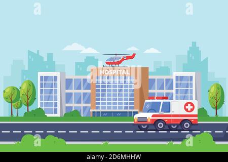 Edificio moderno dell'ospedale cittadino, illustrazione piatta vettoriale. Centro medico clinico, auto ambulanza ed elicottero sul tetto. Progettazione sanitaria e medica e Illustrazione Vettoriale