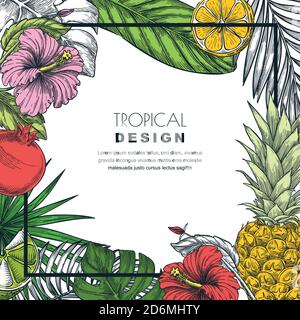 Cornice quadrata tropicale con foglie di palma verdi, ananas, melograno, limone. Vettore disegno a mano illustrazione di giungla piante esotiche e frutti. Illustrazione Vettoriale