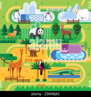 Concetto di mappa dello zoo. Animali selvatici nel parco della famiglia della giungla, illustrazione piatta vettore. Estate divertente sfondo. Illustrazione Vettoriale