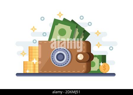 Deposito di denaro di risparmio e protezione. Immagine vettoriale piatta del portafoglio in pelle con lucchetto. Concetto di sicurezza finanziaria. Illustrazione Vettoriale