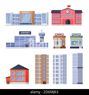 Edifici residenziali e non residenziali della città, set di icone vettoriali. Beni immobili municipali isolati su sfondo bianco. Illustrazione Vettoriale