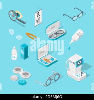 Cura degli occhi e salute, set di icone vettoriali isometriche 3d. Lenti a contatto, occhiali, oftalmologia apparecchiature mediche illustrazione piatta. Illustrazione Vettoriale