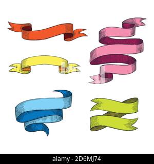 I banner a nastro multicolore disegnano un'illustrazione vettoriale. Elementi di design isolati disegnati a mano per le feste. Illustrazione Vettoriale