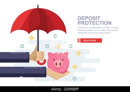 Deposito di denaro di risparmio e protezione. Vettore piatto illustrazione di mano umana che tiene banco di piggy e ombrello rosso. Concetto di assicurazione. Banner o poster t Illustrazione Vettoriale