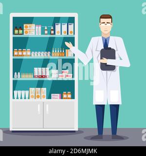 Farmacista maschile che mostra medicinali e pillole. Farmacia o farmacia interna. Illustrazione di stile piatto vettoriale. Illustrazione Vettoriale