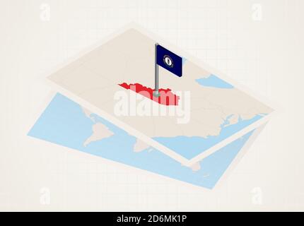 Stato del Kentucky selezionato sulla mappa con bandiera isometrica del Kentucky. Mappa carta vettoriale. Illustrazione Vettoriale