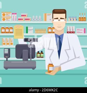 Farmacista maschile con pillole dietro il bancone. Farmacia o farmacia interna. Illustrazione di stile piatto vettoriale. Illustrazione Vettoriale