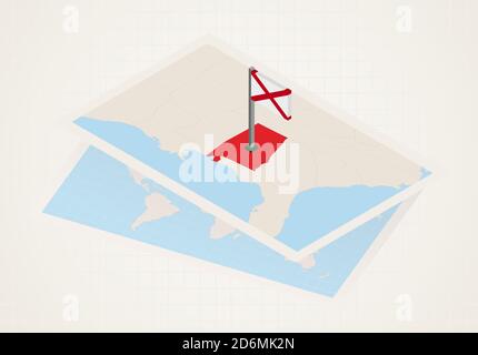 Stato dell'Alabama selezionato sulla mappa con bandiera isometrica dell'Alabama. Mappa carta vettoriale. Illustrazione Vettoriale