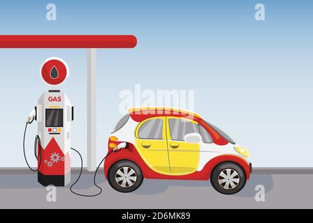 Auto rossa al distributore di benzina e benzina. Illustrazione di cartoni animati vettoriali. Illustrazione Vettoriale