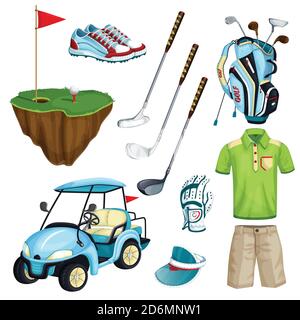 Golf club vettoriale cartoni animati e set di elementi di design. Golf cart, palla, club, borsa e vestiti illustrazione. Attività ricreative all'aperto. Illustrazione Vettoriale