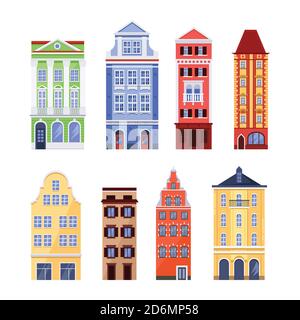 Vecchi edifici colorati, vettoriale piatta illustrazione isolata. Facciate di case europee tradizionali. Elementi di design dell'architettura cittadina. Illustrazione Vettoriale