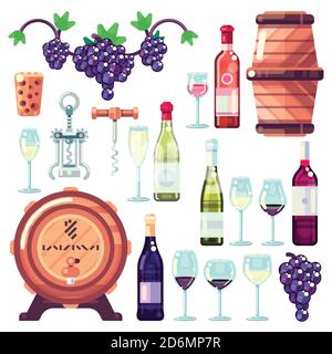 Icone vettoriali per la vinificazione ed elementi di design. Bottiglie di vino rosso e bianco, bicchiere da bere, illustrazione delle uve da vite. Illustrazione Vettoriale