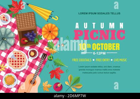 Autunno picnic sfondo orizzontale. Poster vettoriale del Ringraziamento autunnale, modello di banner. Weekend all'aperto nel parco, illustrazione piatta. Illustrazione Vettoriale