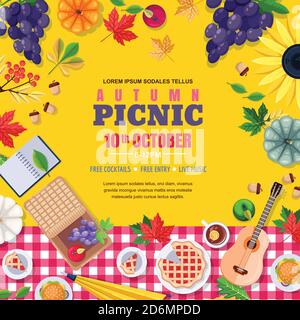 Cornice quadrata picnic autunno stagione. Sfondo poster vettoriale o modello banner con foglie autunnali, cibo su plaid rosso a scacchi. Weekend all'aperto e Tha Illustrazione Vettoriale