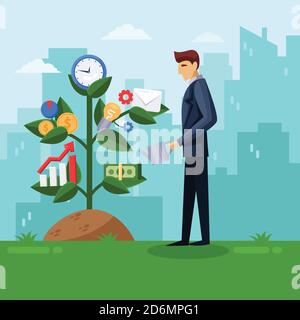 Uomo d'affari annaffiatura business albero. Progettazione e crescita del concetto di business strategico. Immagine piatta vettoriale. Uomo sullo sfondo della città. Illustrazione Vettoriale