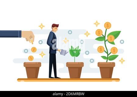 Concetto di business per la crescita degli investimenti e dei finanziamenti. Uomo d'affari che mette una moneta in vaso di fiori e annaffiatura albero di soldi verdi. Illustrazione isolata piatta vettoriale Illustrazione Vettoriale