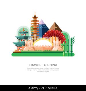 Viaggio in Cina vettore flat illustrazione. Muro cinese e altri simboli nazionali, icone dei punti di riferimento ed elementi di design. Illustrazione Vettoriale