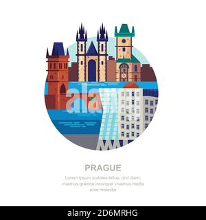 Viaggio in Repubblica Ceca vettore flat illustrazione. Simboli della città di Praga e monumenti turistici. Icone di edifici urbani ed elementi di design. Illustrazione Vettoriale