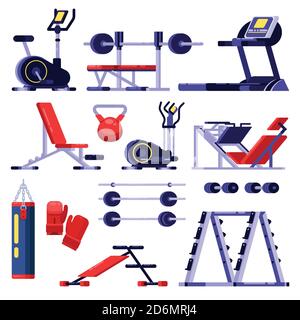 Set di attrezzature per palestra e fitness club. Apparato di addestramento, illustrazione isolata vettoriale. Icone delle macchine per la carrozzeria. Illustrazione Vettoriale