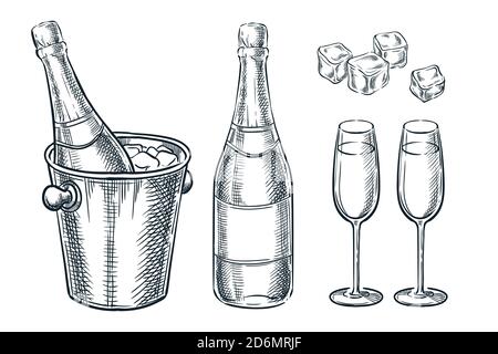 Bottiglia di champagne in secchio con ghiaccio e due bicchieri. Illustrazione dello schizzo vettoriale. Elementi di design disegnati a mano per le feste Illustrazione Vettoriale