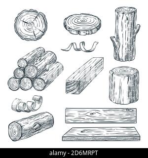 Tronchi di legno, tronchi e tavole, disegno vettoriale. Materiali di legno disegnati a mano. Set legna da ardere. Illustrazione Vettoriale