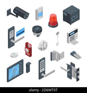 Sistemi di sicurezza domestica vettoriale icone isometriche 3d e set di elementi di progettazione. Tecnologie intelligenti, concetto di sicurezza, controllo e protezione. Illustrazione Vettoriale