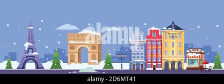 Inverno a Parigi. Immagine vettoriale piatta del paesaggio urbano con la Torre Eiffel, l'Arco di Trionfo e gli edifici antichi. Vacanze di Natale e Capodanno in Francia. Illustrazione Vettoriale