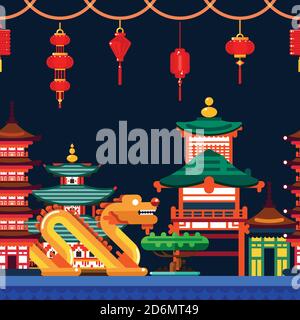 Città cinese senza cuciture sfondo orizzontale. Viaggio in Cina vettore flat illustrazione. Paesaggio urbano asiatico notturno con drago, pagoda e lanterne. Illustrazione Vettoriale