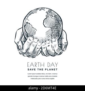 Illustrazione isolata dello schizzo vettoriale Earth Day. Mani che tengono il pianeta Terra. Modello di creazione di banner o poster per i temi ambientali Illustrazione Vettoriale