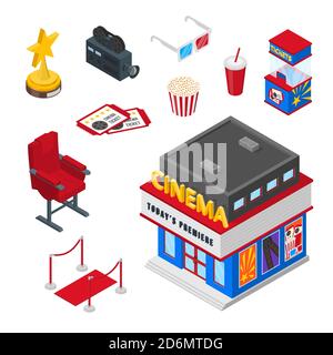 Set di icone isometriche 3d e elementi di design vettoriali per cinema. Biglietti, pop corn, tappeto rosso e illustrazione della poltrona. Visione del concetto di film. Illustrazione Vettoriale