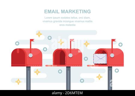 Concetto di business di strategia di marketing per posta e e-mail. Chiudere e aprire la scatola di lettere rossa con il messaggio nella busta. Immagine vettoriale isolata in piano. Illustrazione Vettoriale