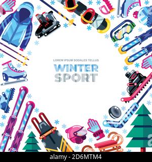 Cornice invernale con sfondo bianco. Attrezzature sportive, abbigliamento e accessori elementi di design. Illustrazione vettoriale delle attività ricreative all'aperto. Divieto Illustrazione Vettoriale