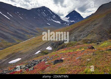 Unna Räita Valley in Kebnekaise montagne, Norrbotten, Svezia Foto Stock