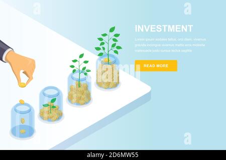 Concetto di business per la crescita degli investimenti e dei finanziamenti. Mano mettendo moneta in vaso trasparente, vettore 3d illustrazione isometrica. Banner, modello di progettazione della landing page Illustrazione Vettoriale