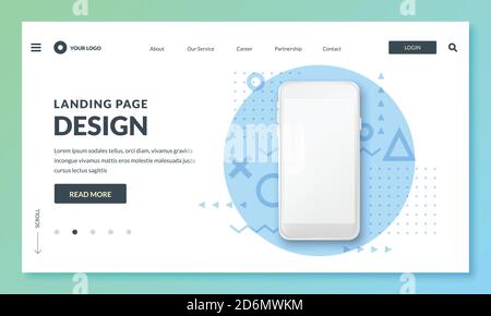 Modello di landing page o banner. Illustrazione 3d realistica dello smartphone, concetto di interfaccia mobile. Elementi di progettazione del layout vettoriale. Illustrazione Vettoriale