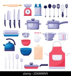 Set di icone utensili da cucina ed elementi di design. Cucina e utensili da cucina attrezzi moderni. Immagine piatta colorata vettoriale. Illustrazione Vettoriale