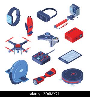 Gadget e dispositivi moderni vettoriali icone isometriche 3d e set di elementi di progettazione. Realtà virtuale, robot, concetto di tecnologie intelligenti per il futuro. Illustrazione Vettoriale