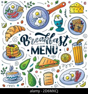 Elementi di design del menu della colazione. Illustrazione dello stile del doodle vettoriale. Scritta stilografica disegnata a mano e pasto tradizionale per la colazione. Uova, avocado, pancetta Illustrazione Vettoriale