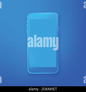 Modello di design per mockup di smartphone. Immagine 3d vettoriale realistica del telefono cellulare di plastica blu su sfondo blu sfumato. Schermo vuoto moderno Devi Illustrazione Vettoriale