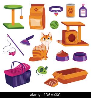 Set di icone per il negozio di animali domestici. Illustrazione di cartoni animati vettoriali Cat Goods. Cibo animale, giocattoli, cura e altre cose. Illustrazione Vettoriale