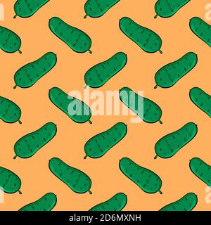 Cetriolo verde, motivo senza cuciture su sfondo giallo. Illustrazione Vettoriale