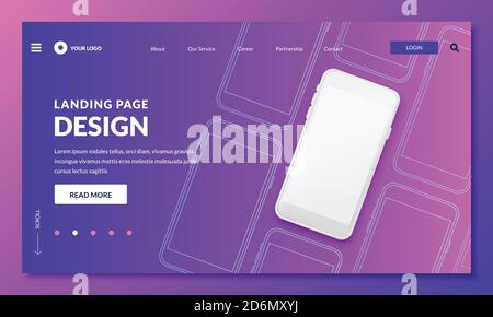 Pagina di destinazione, modello di progettazione banner Web. Schermo bianco vuoto smartphone illustrazione 3d realistica, mockup per l'interfaccia mobile. Disegno del layout vettoriale e Illustrazione Vettoriale