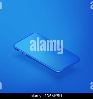 Modello di progettazione mockup orizzontale per smartphone. Immagine isometrica 3d vettoriale realistica del telefono cellulare in plastica blu su sfondo blu a gradiente. Bla Illustrazione Vettoriale