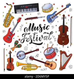 Elementi di progettazione di banner o poster per il festival musicale. Illustrazione dello stile del doodle vettoriale. Strumenti di calligrafia, jazz e musica rock disegnati a mano, Illustrazione Vettoriale