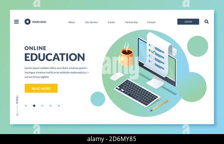 Formazione e studio online. Modello di landing page o banner. Illustrazione isometrica 3d vettoriale. Concetto di apprendimento e formazione sul Web. Illustrazione Vettoriale