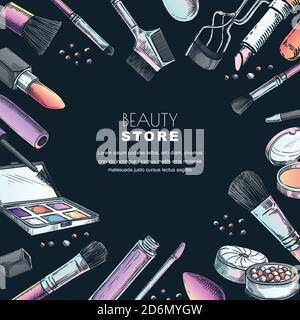 Banner di trucco, poster o modello di disegno di etichetta.Illustrazione vettoriale di schizzo della cosmetica facciale. Negozio di bellezza sfondo nero cornice. Illustrazione Vettoriale