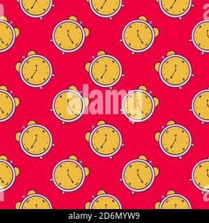 Orologio giallo, motivo senza cuciture su sfondo rosso. Illustrazione Vettoriale