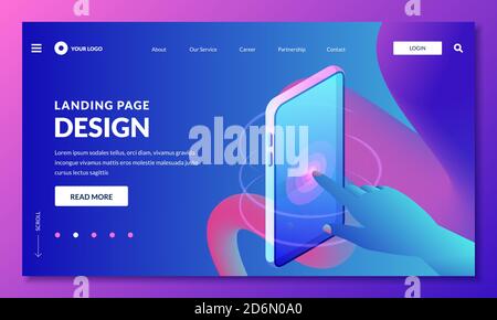 Pagina di destinazione, layout di progettazione banner Web. Il dito umano tocca lo schermo del telefono, l'illustrazione vettoriale 3d isometrica. Sviluppo di interfacce mobili e digitali Illustrazione Vettoriale
