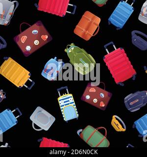 Modello senza cuciture con valigia e borse. Design di sfondo per i bagagli da viaggio estivi. Illustrazione di cartoni animati vettoriali. Illustrazione Vettoriale