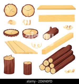 Tavola di legno, tronchi e tronco, cartoni animati vettoriali illustrazione isolata su sfondo bianco. Legna da ardere e materiali per l'industria del legno, set di oggetti. Illustrazione Vettoriale